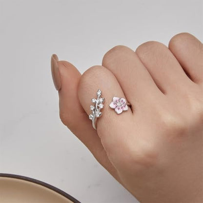 925 Sterling Silver Adjustable Open Ring for Women Trendy Jewelry Gift - color: Pink flowers
