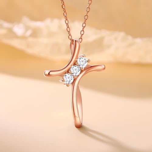 Cross Necklace for Women, 925 Sterling Silver 18K Gold Plated Diamond Necklace for Women, Cross Pendant with 3 Stone 5A Cubic Zirconia, Birthday Christmas Jewelry Gifts for Women Her, 20 Inches - color: Rose gold