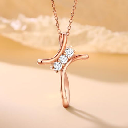 Cross Necklace for Women, 925 Sterling Silver 18K Gold Plated Diamond Necklace for Women, Cross Pendant with 3 Stone 5A Cubic Zirconia, Birthday Christmas Jewelry Gifts for Women Her, 20 Inches - color: Rose gold