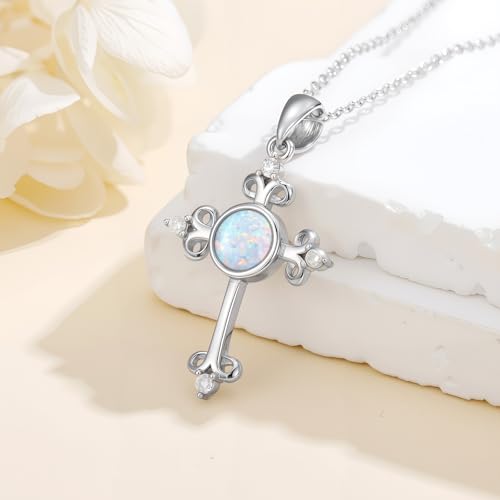 925 Sterling Silver Diamond Cross Necklace with Genuine Opal Pendant Elegant Religious Jewelry Gifts for Women - style: Cross Necklace