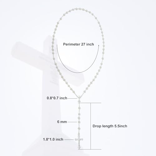KOMI 6 MM Pearl Rosary Beads With Crucifix, Catholic Necklace for Women With Velvet Bag or Rosary Box - style: Rosary-10