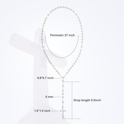 KOMI 6 MM Pearl Rosary Beads With Crucifix, Catholic Necklace for Women With Velvet Bag or Rosary Box - style: Rosary-10