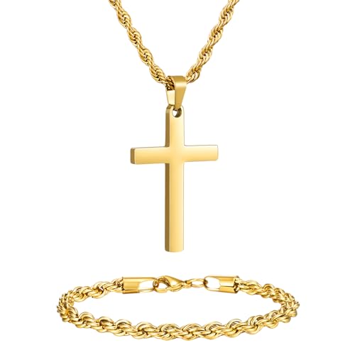 NORBU Stainless Steel Cross Necklace and Bracelet Set for Men, Cuban Link - color: Gold Rope
