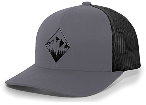 Trenz Shirt Company Men's Retro Geometric Diamond Mountain Outdoors Woodland Embroidered Mesh Back Trucker Hat - color: Charcoal/Black