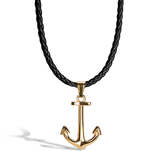 SERASAR Premium Leather Necklace Men | Stainless Steel Pendant | Secure Clasp | Three Colors | Jewelry Box Included - color: Gold, size: 50cm, style: Anchor