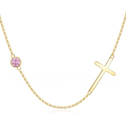 OJK 14K Gold Cross Necklace for Women Sideways Cross Birthstone Jewelry - color: 10-Pink Tourmaline