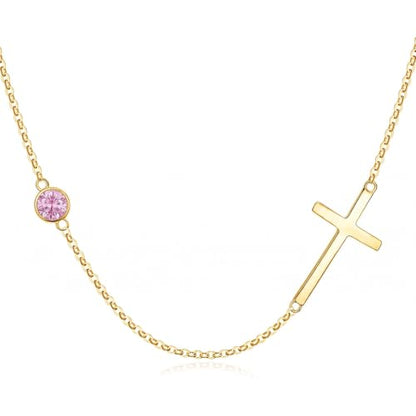 OJK 14K Gold Cross Necklace for Women Sideways Cross Birthstone Jewelry - color: 10-Pink Tourmaline