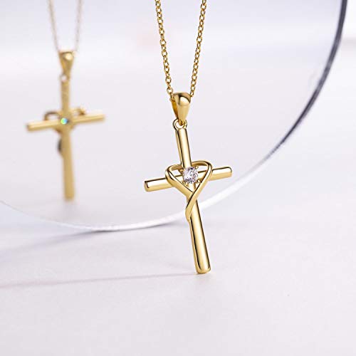 AmorAime 925 Sterling Silver Cross Necklace for Women Men 14K Gold Plated 5A CZ Birthstone Necklaces for Holiday - color: Z-Gold