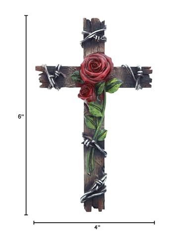 Top Brass Red Rose and Barbwire Wall Cross, Rustic Wood Look - Spiritual Jesus Art ecor
