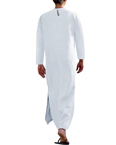 Jacansi Men's 65% Cotton 35% Linen Kaftan Thobe, Long Sleeve Casual Arabic Robe, Loose Long Gown with Pockets - color: White #1, size: XX-Large