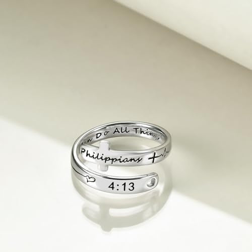 POPLYKE Cross Rings Sterling Silver Faith Adjustable Wrap Rings for Women Inspirational Jewelry Gifts - color: white