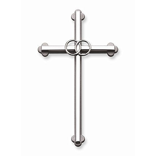 Cathedral Art Wedding Wall Cross, Entwined Rings Silver Metal Cross, 8 Inches, 0.40" x 4.50"