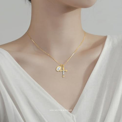 Rnivida 925 Sterling Silver Crucifix Cross and Miraculous Medal Pendant Necklace for Women - color: Gold, size: 18 inches