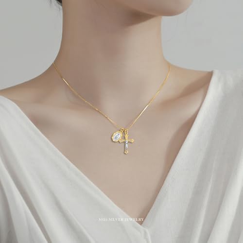 Rnivida 925 Sterling Silver Crucifix Cross and Miraculous Medal Pendant Necklace for Women - color: Gold, size: 20 inches