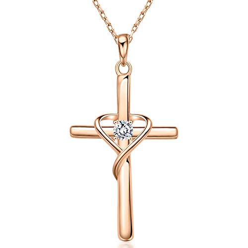AmorAime 925 Sterling Silver Cross Necklace for Women Men 14K Gold Plated 5A CZ Birthstone Necklaces for Holiday - color: M-Rose Gold
