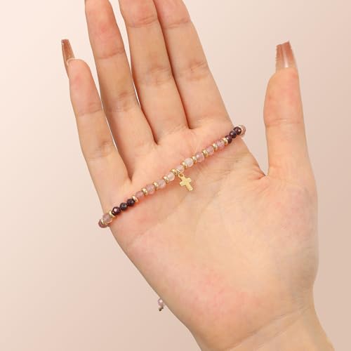 Christian Gifts for Women, Cross Bracelet, Natural Stone Beaded Jewelry - color: Pink