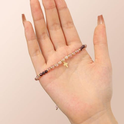 Christian Gifts for Women, Cross Bracelet, Natural Stone Beaded Jewelry - color: Pink