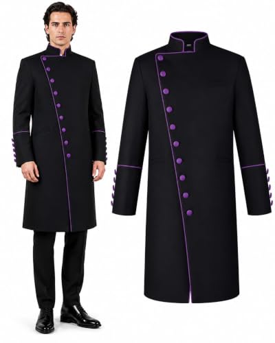 Clergy Robes for Men Stand Collar Pastor Robe Long Cassock Jacket Minister Preacher Costume Cosplay for Halloween - color: Purple, size: 3X-Large