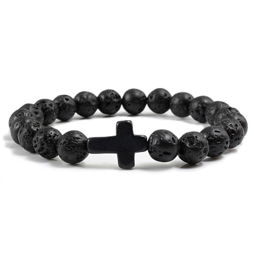 FORUBUS Lava Rock Stone Beaded Bracelet, Cross Charm Natural Volcanic Stone beads Turquoise Stretch Bracelet for Women Men Religion Jewelry Pray Baptism Gift - color: 1pcs black lava