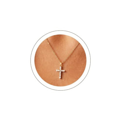 U7 Cross Necklace for Women,CZ Cross Pendant Necklace 18"+2" - color: Gold