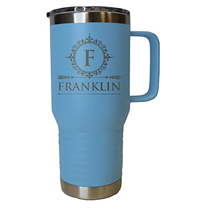 The Wedding Party Store Custom Personalized 20 oz Stainless Steel Powder Coated Vacuum Insulated Double Walled Travel Tumbler Coffee Mug with Handle and Lid (Carolina Blue) - color: Carolina Blue