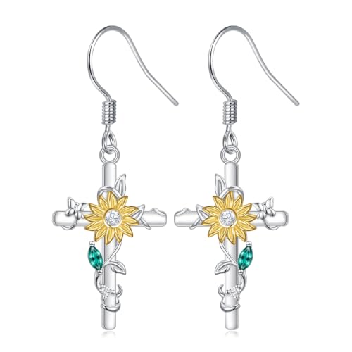 925 Sterling Silver Filigree Dangle Drop Leverback Teardrop Earrings - color: Cross Sunflower