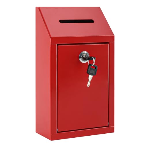 KYODOLED Cash Box for Farm Stand, Money Drop Box with Lock & Slot, Red - color: Red, size: 10.24 x 5.7 x 2.95 Inch