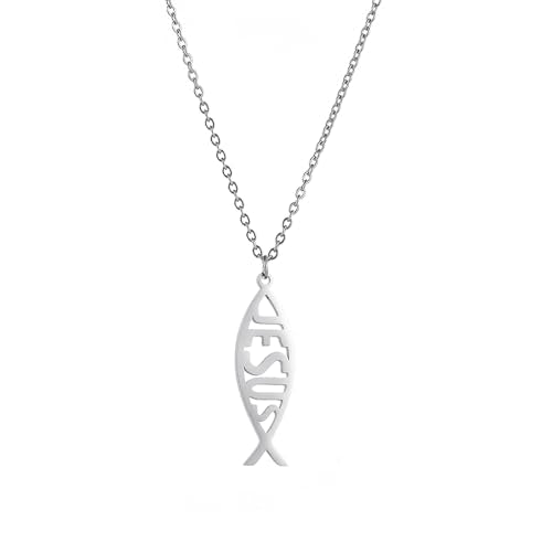 Ichthus Necklace for Women Christian Jesus Fish Necklace Christ Fish Cross Ichthys Pendant Necklace Ichthus Fish Religious Symbol Pendant Christian Jewelry Gift - color: silver