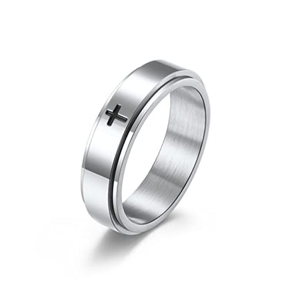 COLORFUL BLING Titanium Stainless Steel Cross Anxiety Spinner Ring Rotating Fidget Ring Stress Relieving Wedding for Him Her Couple Promise Lover Jewelry - color: Silver A