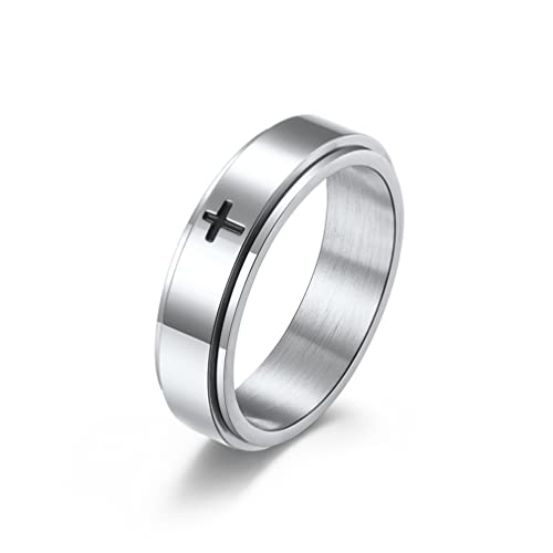COLORFUL BLING Titanium Stainless Steel Cross Anxiety Spinner Ring Rotating Fidget Ring Stress Relieving Wedding for Him Her Couple Promise Lover Jewelry - color: Silver A