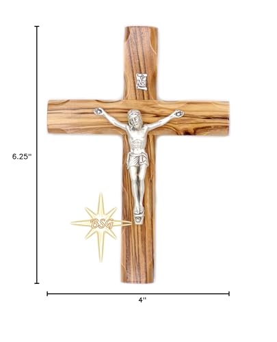 Dacaret Factory Wall Crucifix, Olive wood Cross, Wooden Catholic Cross for New Home, Religious Gift, Christmas Gifts, Holy Land Christian Spiritual Decor (6 Inches) Brown, Black with Grains - size: 6.3"L x 4"W
