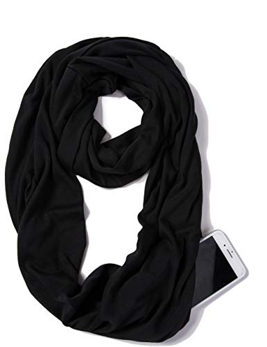 elzama Infinity Loop Solid Color Scarf With Hidden Zipper Pocket For Women - Lightweight Travel Neck Wrap - color: 01-black
