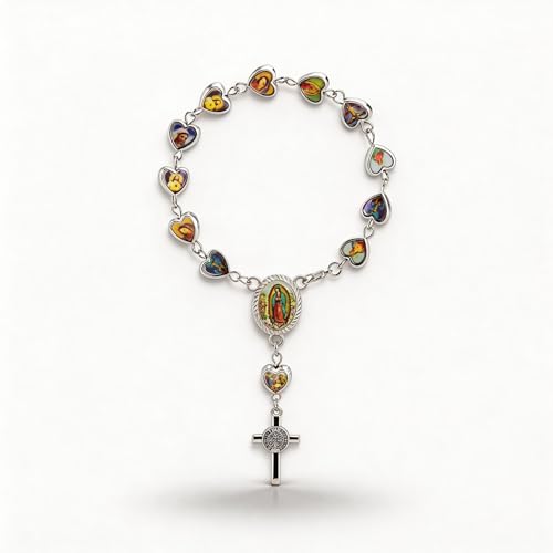 Virgen De Guadalupe Steering Wheel Rosary Charm Accessory, Virgin Mary Cross Pendant, Steering Wheel Chain, Rearview Mirror Hanging Ornament, Car Rosary for Automotive Protection Charm Decor (Heart) - color: Heart