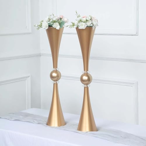 Efavormart 2 Pack | 27" Gold Crystal Embellishment Trumpet Table Centerpiece, Reversible Plastic Flower Vase - color: Gold, size: 27"