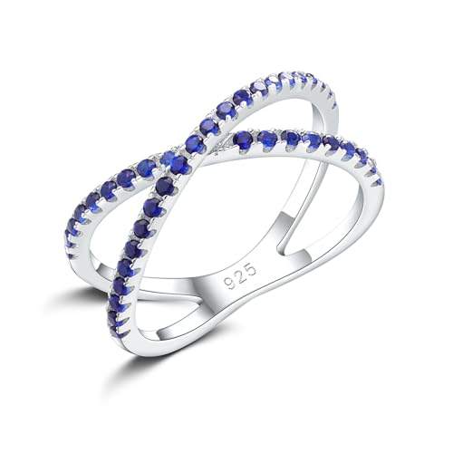 Moissanite Wedding Bands Crisss Cross/Curve/Wishbone Eternity Rings for Her - color: A. Criss Cross - Blue Sapphire