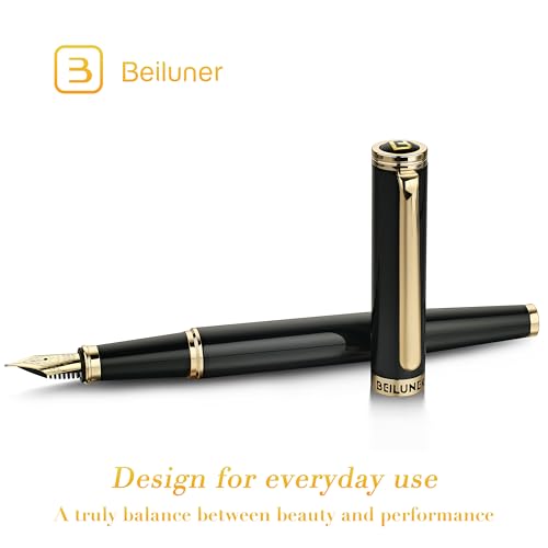 BEILUNER Black Fountain Pen,Stunning Luxury Pens with 24K Gold Accents, Gorgeous 24K Gilded Nib(Fine), Trustworthy Pen Gift for Men&Women -Ink Converter-Elegant, Reliable,Fancy Pen for Writing - color: Black&Gold, style: Fine Nib