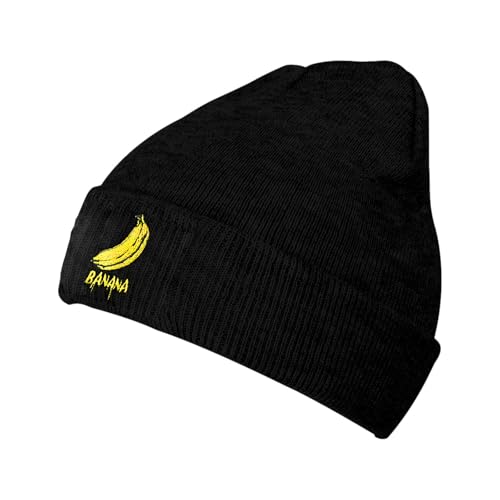 Black Beanie Hat for Men Women Embroidered Knit Winter Beanies Cap - color: Banana