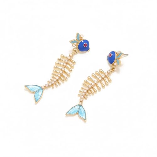 Fish Bone Earrings Drip Oil Animal Earrings Colorful Crystal Sparkly Enamel Earrings Creative Long Fishbone Earstud Dangle Fish Drop Earrings Jewelry for Women - color: Bule-1