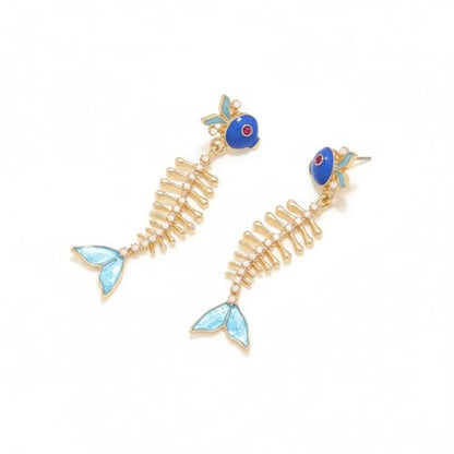 Fish Bone Earrings Drip Oil Animal Earrings Colorful Crystal Sparkly Enamel Earrings Creative Long Fishbone Earstud Dangle Fish Drop Earrings Jewelry for Women - color: Bule-1