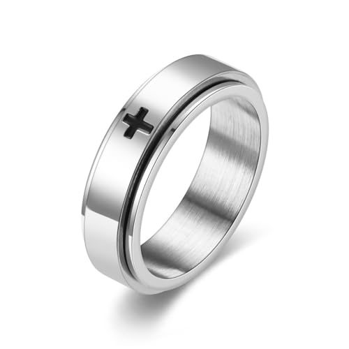 Fuqimanman2020 6mm Stainless Steel Cross Spinner Band Ring Stress Relief Christian Jesus Christ Lord Prayer Rotating Fidget for Men Women Anxiety Religious Engagement Wedding Jewelry - color: Steel