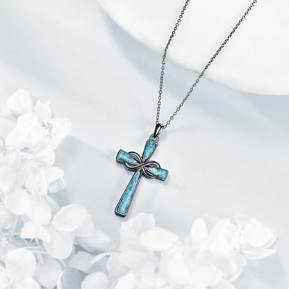 Infinity Cross Necklace S925 Sterling Silver Turquoise/Wooden/Opal/Abalone Cross Pendant Necklaces Christian Jewelry Gifts For Women - style: Black Turquoise