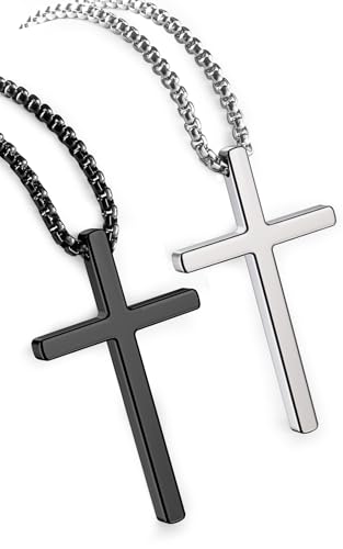 2 PCS Cross Necklace for Men,Silver Black Cross Chain Stainless Steel Pendant Jewelry Gifts Box Crucifix Necklace 16-30 inches - size: 24 in, style: 2Pcs(silver+black) 1.7 "* 1.0'' pendant