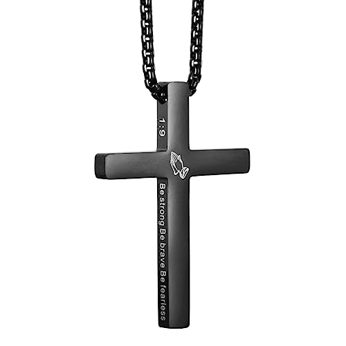 Cross Necklace Stainless Steel Necklace Religious Bible Verse Pendant Crucifix Necklace Faith Jewelry with 22' Chain - style: Joshaua 1:9 - Black