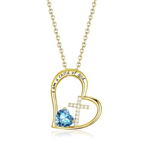 Birthstone Cross Necklace for Girls, Child of God Cross Gifts Jewelry - color: 03. March, style: 02. Yellow color
