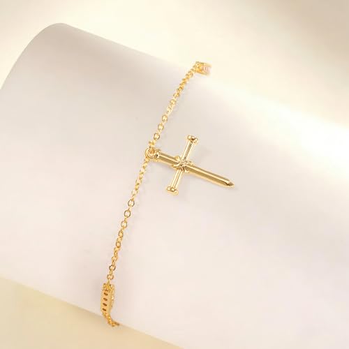 Gold Cross Bracelet for Women, Dainty 18K Gold Plated Double Pendant Jewelry, Sparkling Zirconia Prayer Bracelet, Adjustable Link Chain Lobster Clasp (5.9in + 2.4in) - style: Minimalist Cross Bracelet