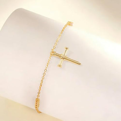 Gold Cross Bracelet for Women, Dainty 18K Gold Plated Double Pendant Jewelry, Sparkling Zirconia Prayer Bracelet, Adjustable Link Chain Lobster Clasp (5.9in + 2.4in) - style: Minimalist Cross Bracelet