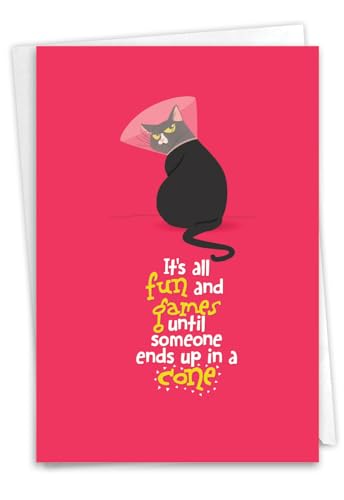 NobleWorks Catty Cards - Get Well Greeting Card with Envelope (4.63 x 6.75 Inch) - Featuring a Spunky Feline Wearing a Cone on a Brightly Colored Background C6558BGWG - style: Catty Cards