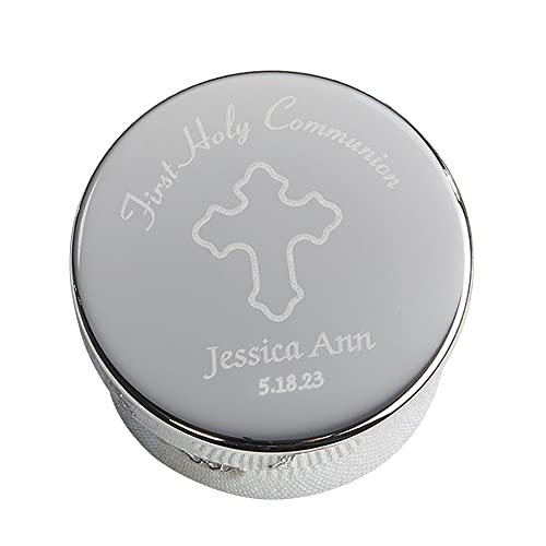 Personalization Universe Engraved First Holy Communion Rosary Case - Silver Plated Jewelry Organizer Box with Custom Text, Elegant Keepsake for Boys and Girls, 1st Communion Gift