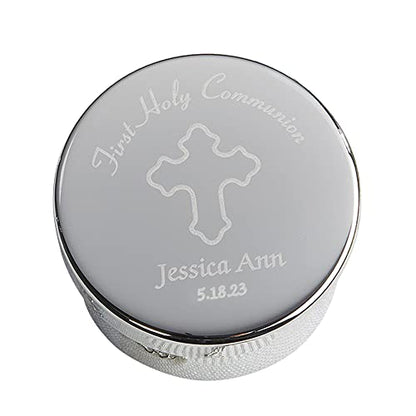 Personalization Universe Engraved First Holy Communion Rosary Case - Silver Plated Jewelry Organizer Box with Custom Text, Elegant Keepsake for Boys and Girls, 1st Communion Gift