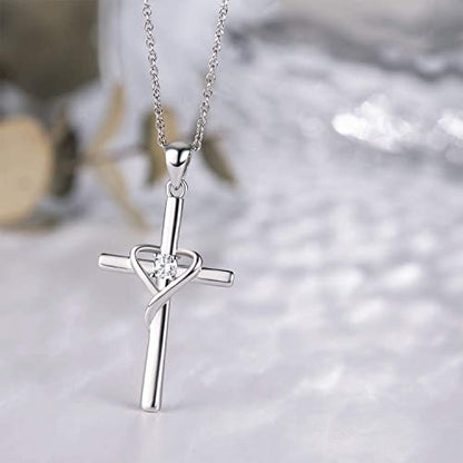 AmorAime 925 Sterling Silver Cross Necklace for Women Men 14K Gold Plated 5A CZ Birthstone Necklaces for Holiday - color: DD.white-CZ-April